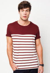 Dark Red Breton Stripe Contrast Yoke T-Shirt